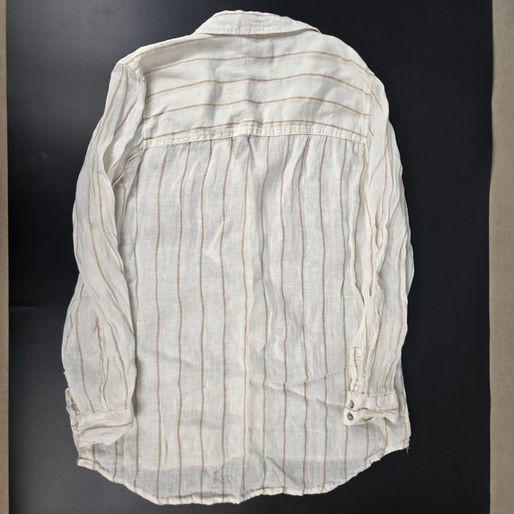 H Halston Womens Medium Linen Button Shirt Roll tab Coastal Striped Long Sleeve - Picture 3 of 8